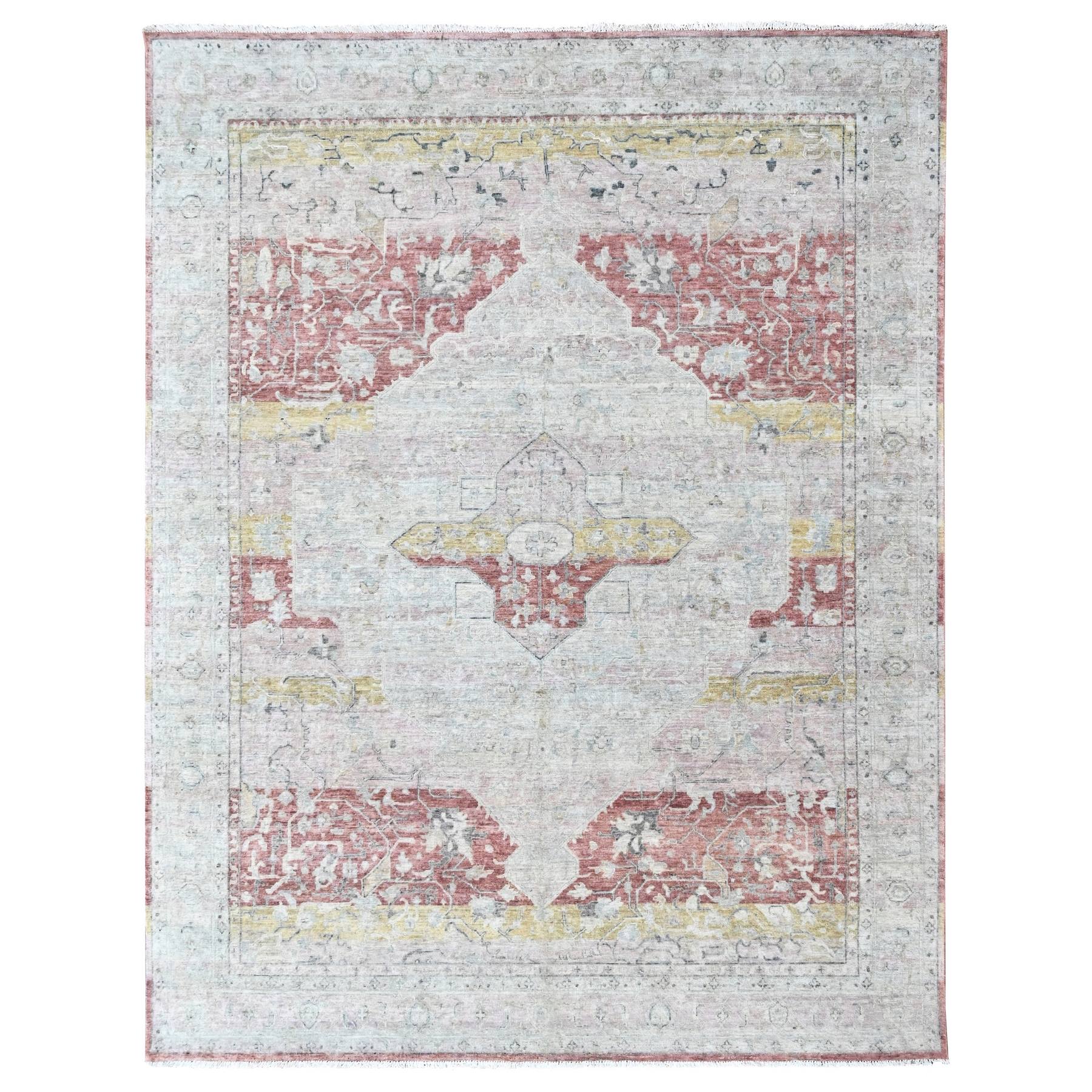 9'x11'10" Irish Cream White with Red, Ziegler Mahal with Medallion Design, Zero Pile, Distressed, Distinct Abrash, Hand Knotted, Pure Wool, Oriental Rug 